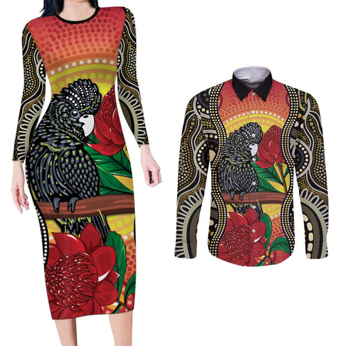 Waratah And Banksian Cockatoo Couples Matching Long Sleeve Bodycon Dress and Long Sleeve Button Shirt Aboriginal Art