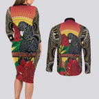 Waratah And Banksian Cockatoo Couples Matching Long Sleeve Bodycon Dress and Long Sleeve Button Shirt Aboriginal Art