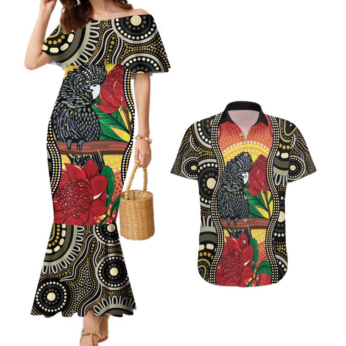Waratah And Banksian Cockatoo Couples Matching Mermaid Dress and Hawaiian Shirt Aboriginal Art