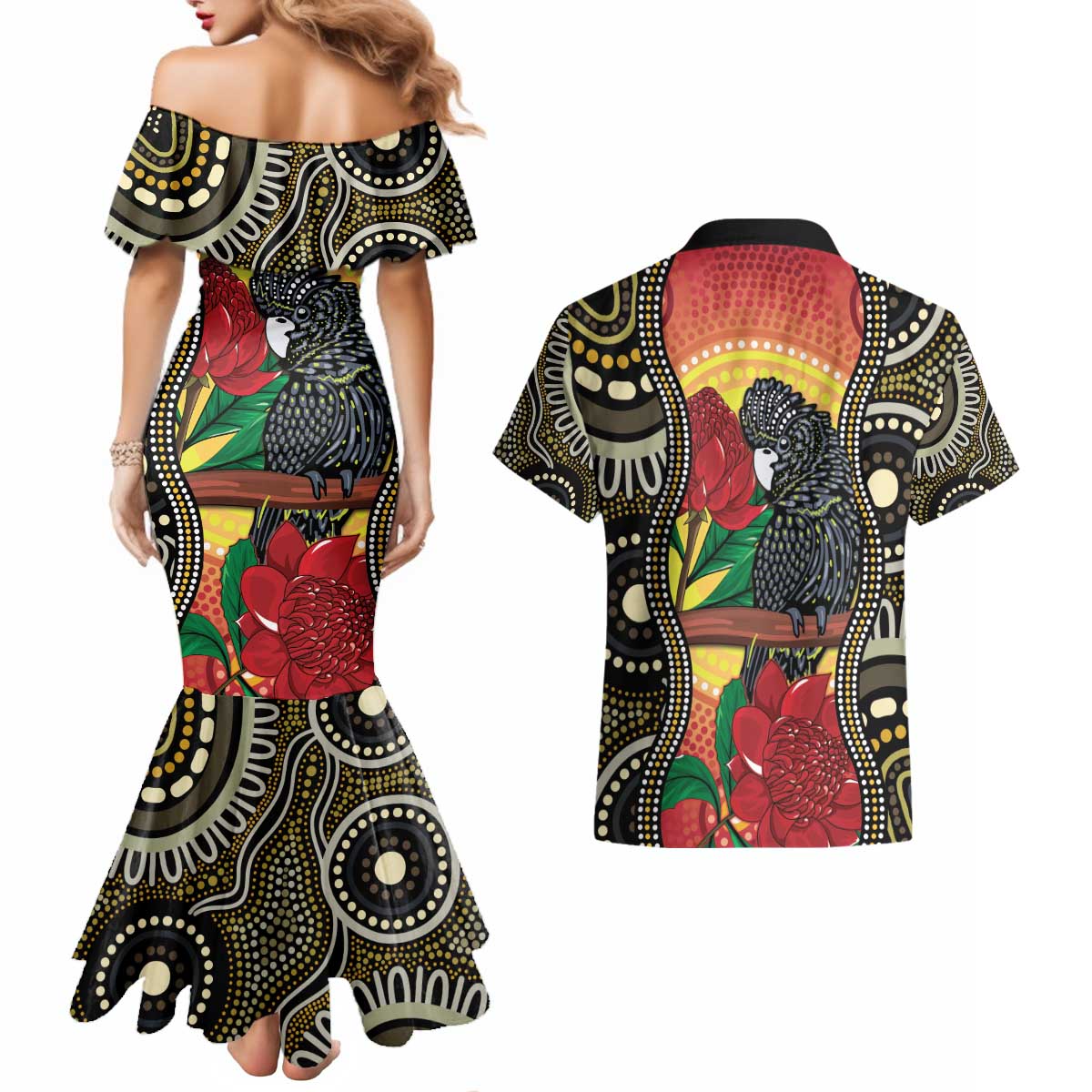 Waratah And Banksian Cockatoo Couples Matching Mermaid Dress and Hawaiian Shirt Aboriginal Art