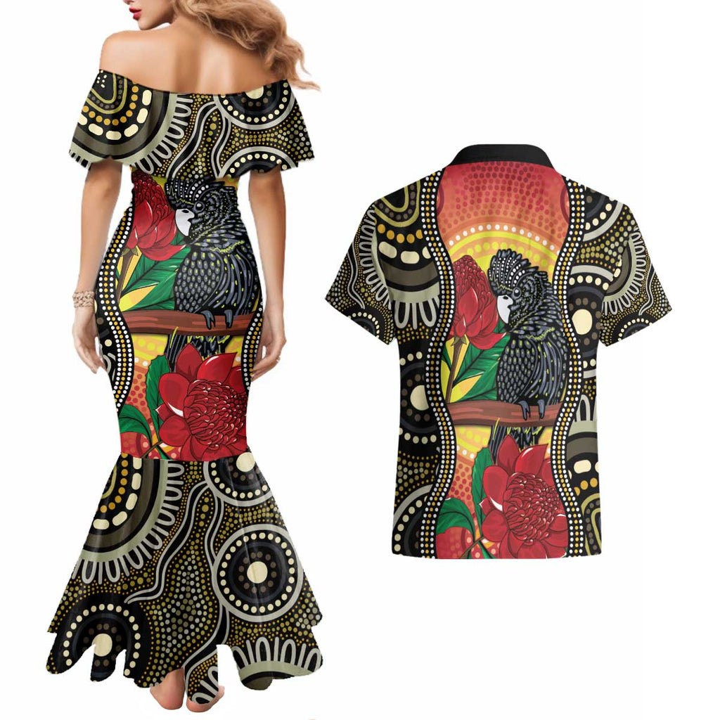 Waratah And Banksian Cockatoo Couples Matching Mermaid Dress and Hawaiian Shirt Aboriginal Art