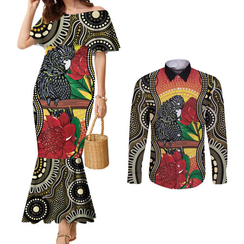 Waratah And Banksian Cockatoo Couples Matching Mermaid Dress and Long Sleeve Button Shirt Aboriginal Art