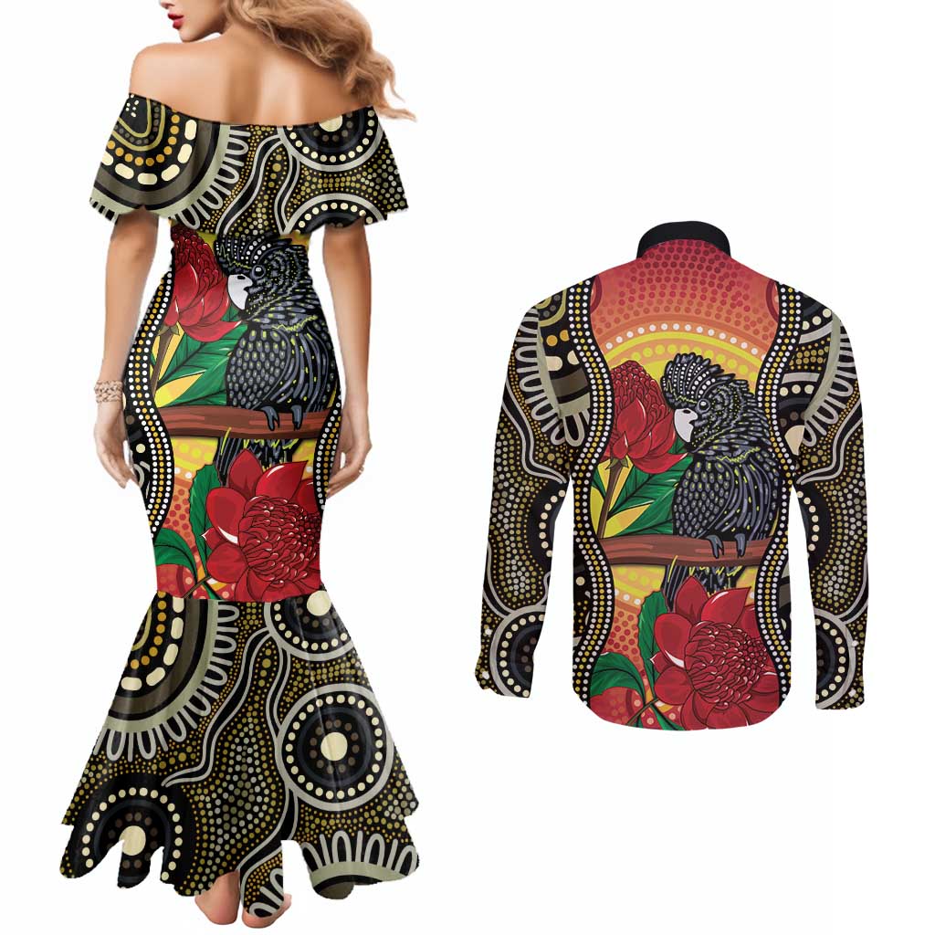 Waratah And Banksian Cockatoo Couples Matching Mermaid Dress and Long Sleeve Button Shirt Aboriginal Art