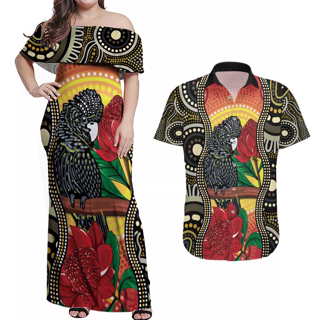 Waratah And Banksian Cockatoo Couples Matching Off Shoulder Maxi Dress and Hawaiian Shirt Aboriginal Art