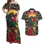 Waratah And Banksian Cockatoo Couples Matching Off Shoulder Maxi Dress and Hawaiian Shirt Aboriginal Art