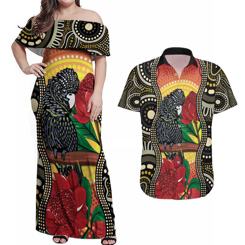Waratah And Banksian Cockatoo Couples Matching Off Shoulder Maxi Dress and Hawaiian Shirt Aboriginal Art