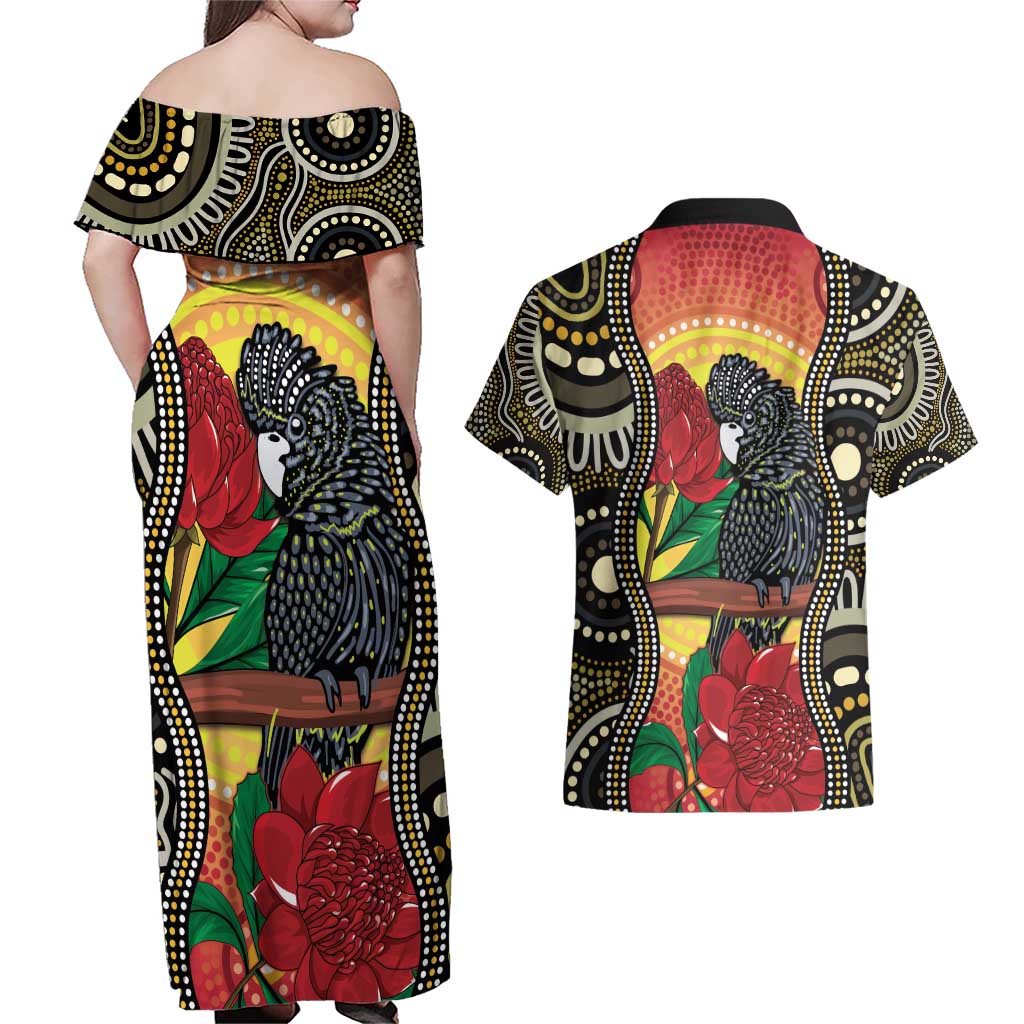 Waratah And Banksian Cockatoo Couples Matching Off Shoulder Maxi Dress and Hawaiian Shirt Aboriginal Art