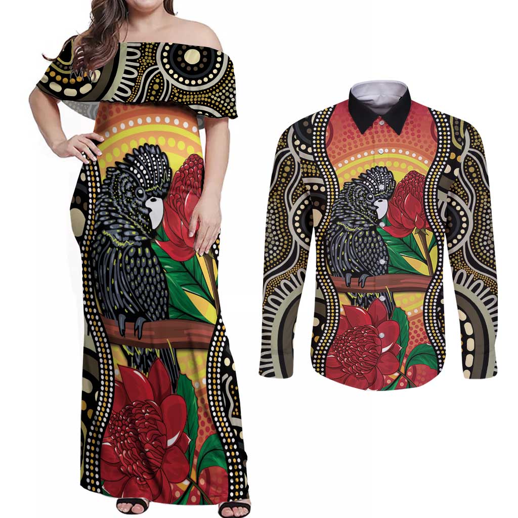 Waratah And Banksian Cockatoo Couples Matching Off Shoulder Maxi Dress and Long Sleeve Button Shirt Aboriginal Art