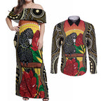 Waratah And Banksian Cockatoo Couples Matching Off Shoulder Maxi Dress and Long Sleeve Button Shirt Aboriginal Art