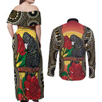 Waratah And Banksian Cockatoo Couples Matching Off Shoulder Maxi Dress and Long Sleeve Button Shirt Aboriginal Art