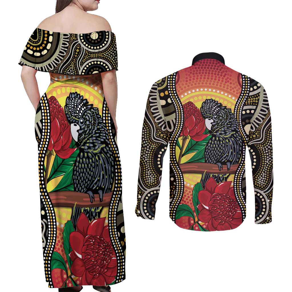Waratah And Banksian Cockatoo Couples Matching Off Shoulder Maxi Dress and Long Sleeve Button Shirt Aboriginal Art