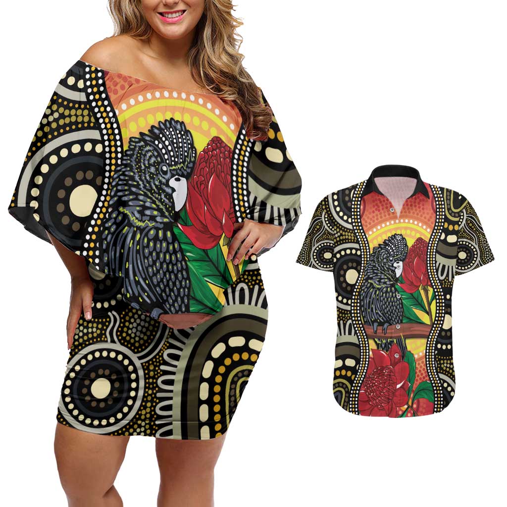 Waratah And Banksian Cockatoo Couples Matching Off Shoulder Short Dress and Hawaiian Shirt Aboriginal Art