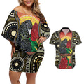 Waratah And Banksian Cockatoo Couples Matching Off Shoulder Short Dress and Hawaiian Shirt Aboriginal Art