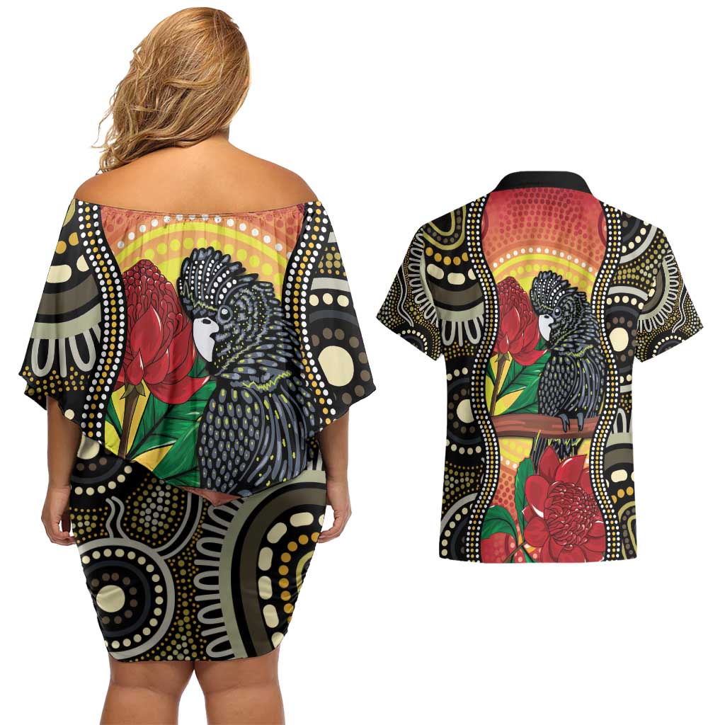 Waratah And Banksian Cockatoo Couples Matching Off Shoulder Short Dress and Hawaiian Shirt Aboriginal Art