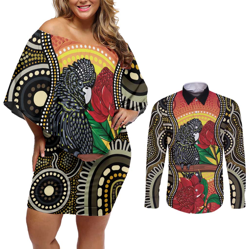 Waratah And Banksian Cockatoo Couples Matching Off Shoulder Short Dress and Long Sleeve Button Shirt Aboriginal Art
