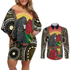 Waratah And Banksian Cockatoo Couples Matching Off Shoulder Short Dress and Long Sleeve Button Shirt Aboriginal Art