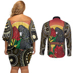 Waratah And Banksian Cockatoo Couples Matching Off Shoulder Short Dress and Long Sleeve Button Shirt Aboriginal Art