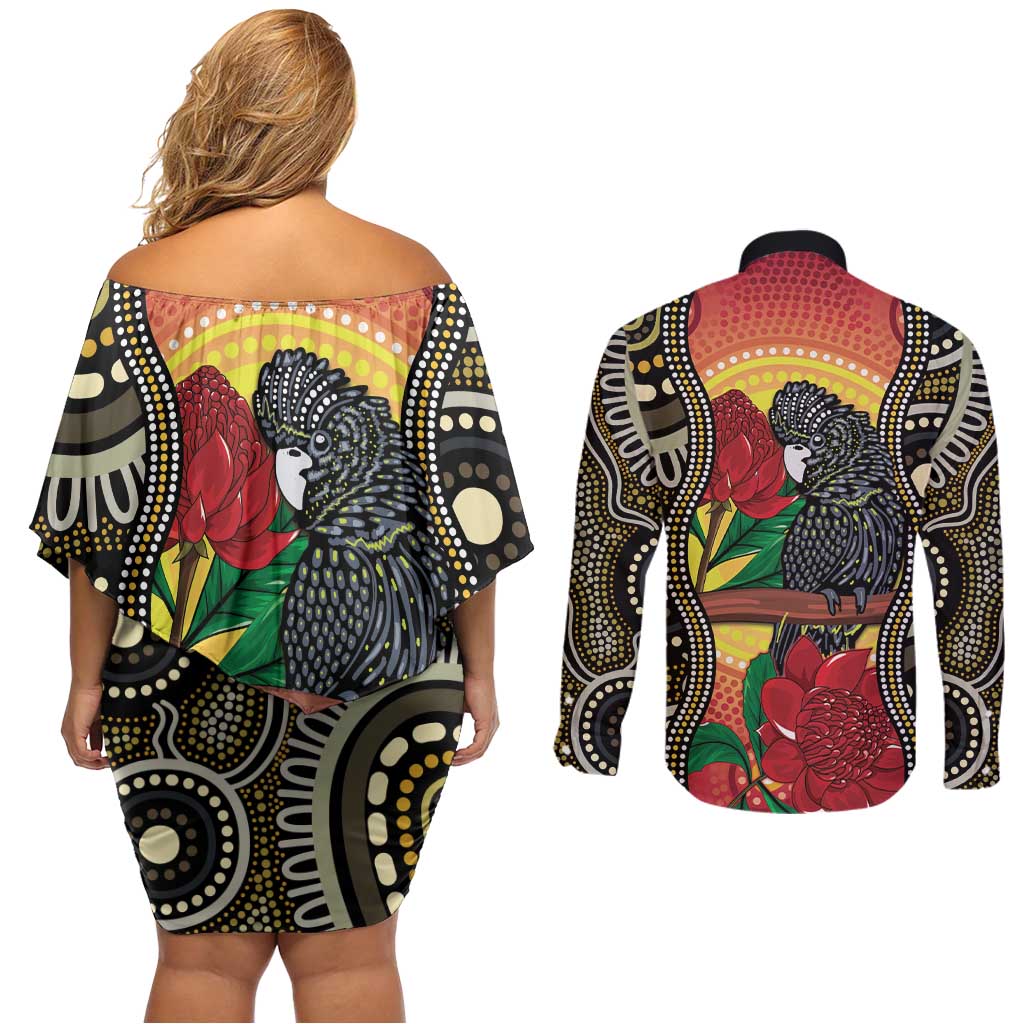 Waratah And Banksian Cockatoo Couples Matching Off Shoulder Short Dress and Long Sleeve Button Shirt Aboriginal Art