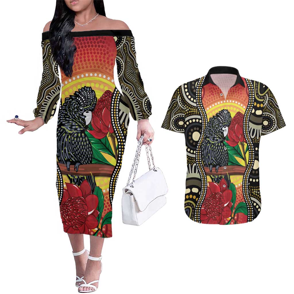Waratah And Banksian Cockatoo Couples Matching Off The Shoulder Long Sleeve Dress and Hawaiian Shirt Aboriginal Art