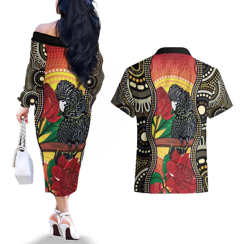 Waratah And Banksian Cockatoo Couples Matching Off The Shoulder Long Sleeve Dress and Hawaiian Shirt Aboriginal Art