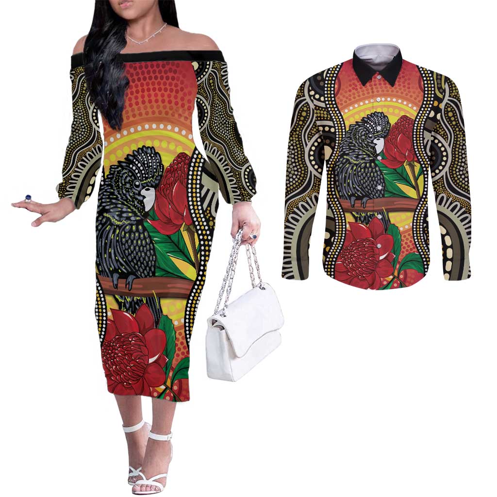 Waratah And Banksian Cockatoo Couples Matching Off The Shoulder Long Sleeve Dress and Long Sleeve Button Shirt Aboriginal Art