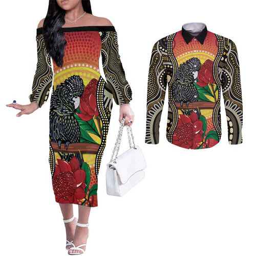 Waratah And Banksian Cockatoo Couples Matching Off The Shoulder Long Sleeve Dress and Long Sleeve Button Shirt Aboriginal Art
