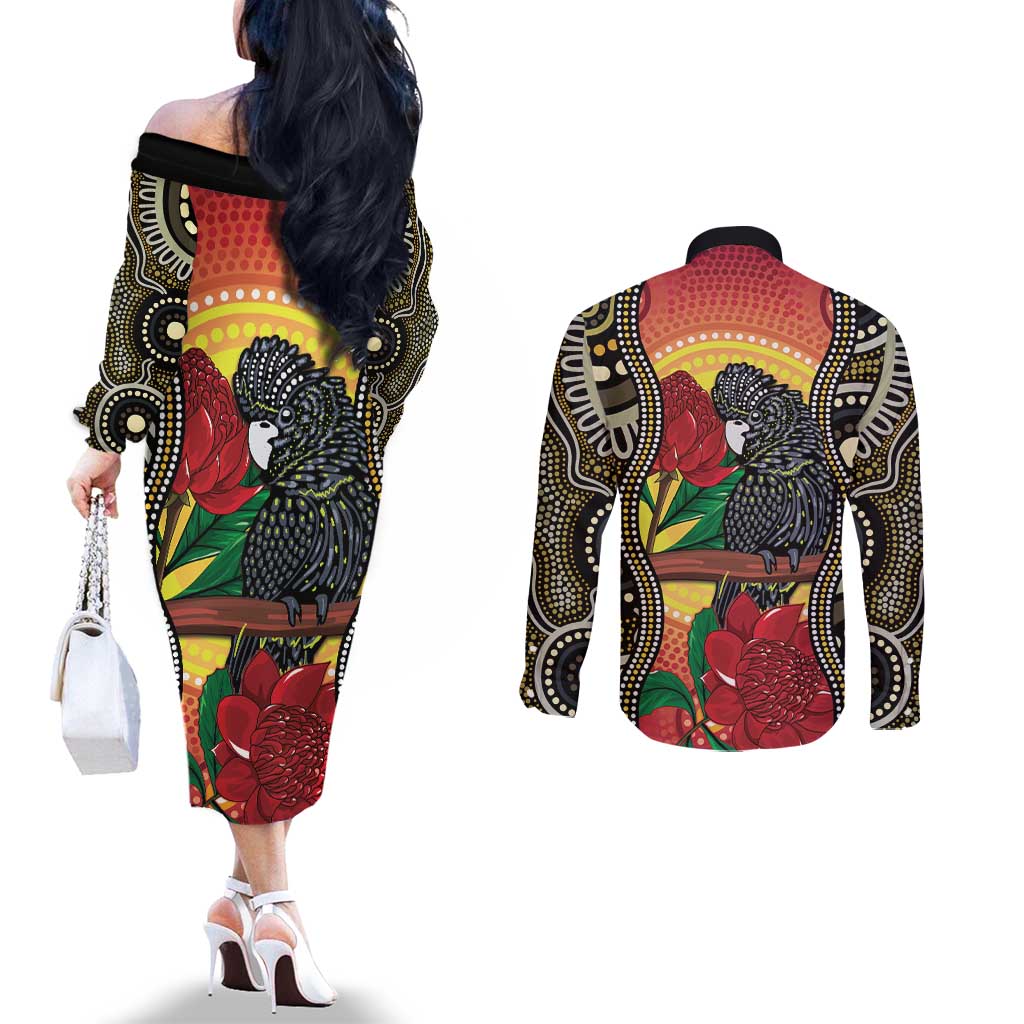 Waratah And Banksian Cockatoo Couples Matching Off The Shoulder Long Sleeve Dress and Long Sleeve Button Shirt Aboriginal Art