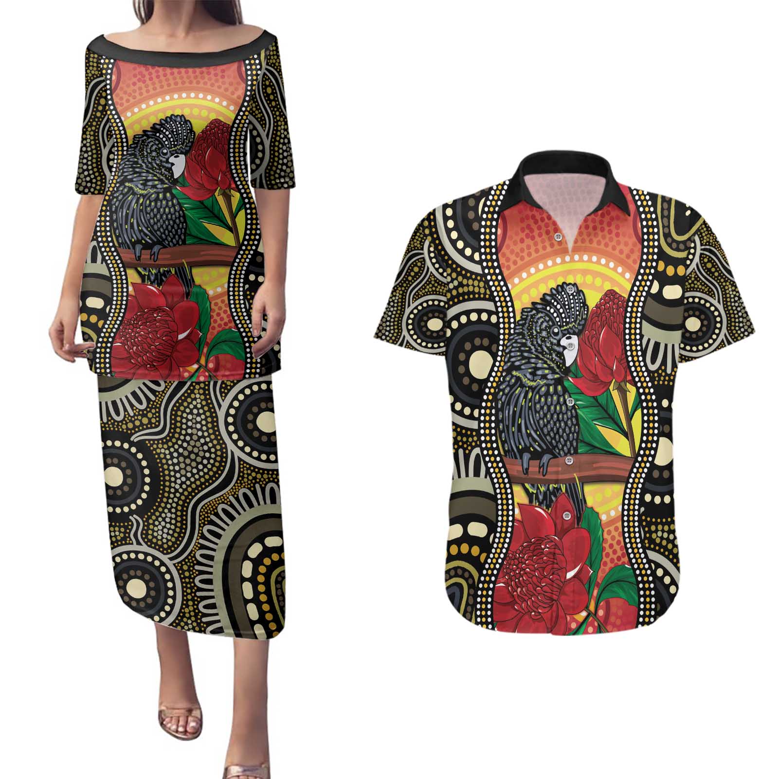 Waratah And Banksian Cockatoo Couples Matching Puletasi and Hawaiian Shirt Aboriginal Art