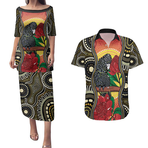 Waratah And Banksian Cockatoo Couples Matching Puletasi and Hawaiian Shirt Aboriginal Art