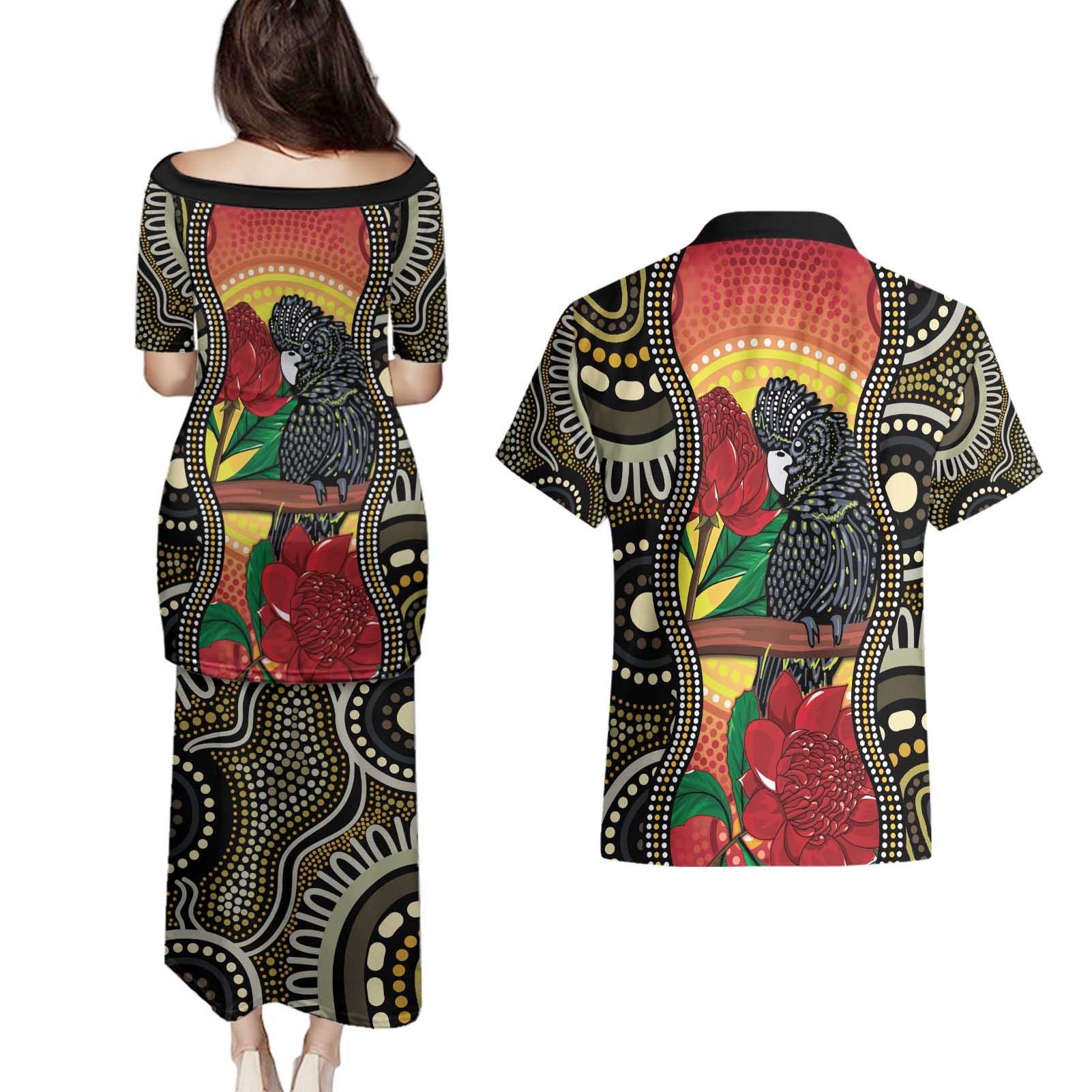 Waratah And Banksian Cockatoo Couples Matching Puletasi and Hawaiian Shirt Aboriginal Art