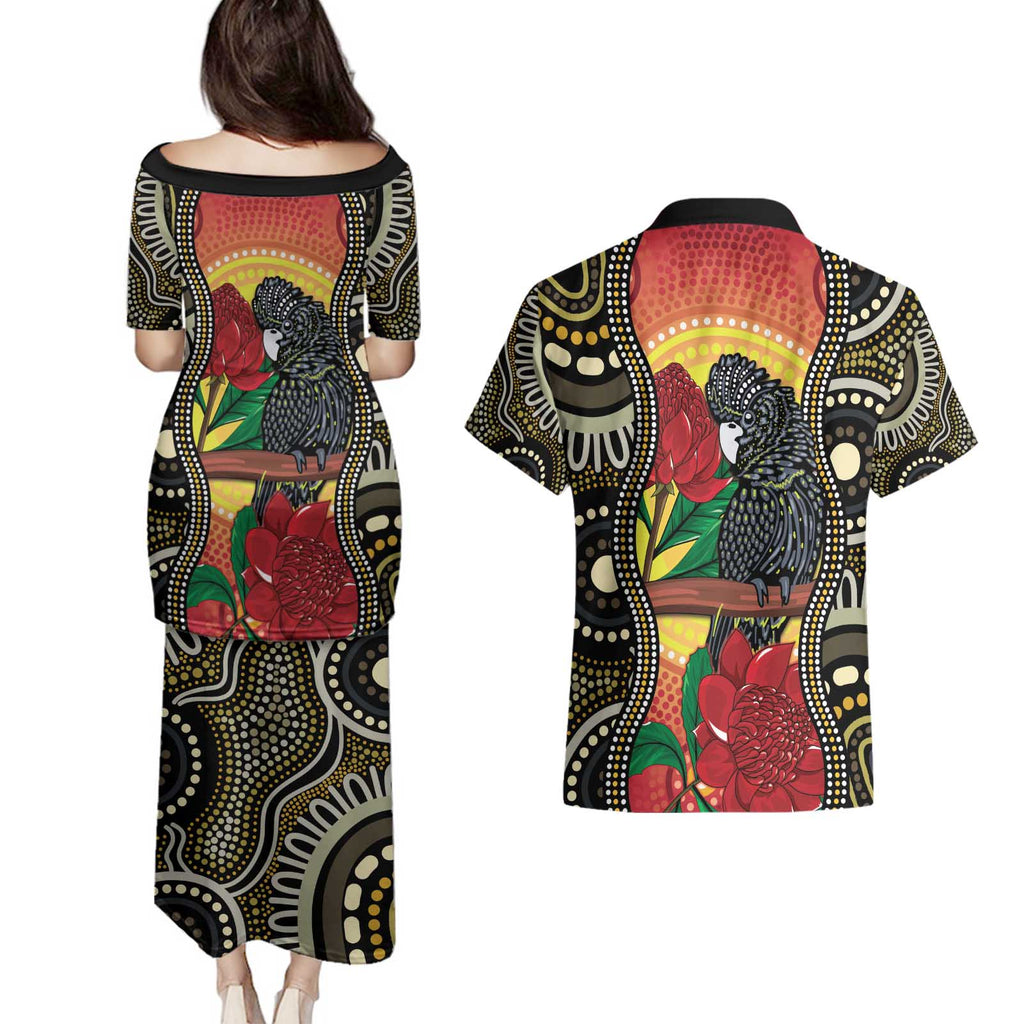 Waratah And Banksian Cockatoo Couples Matching Puletasi and Hawaiian Shirt Aboriginal Art
