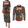 Waratah And Banksian Cockatoo Couples Matching Puletasi and Long Sleeve Button Shirt Aboriginal Art