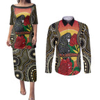 Waratah And Banksian Cockatoo Couples Matching Puletasi and Long Sleeve Button Shirt Aboriginal Art