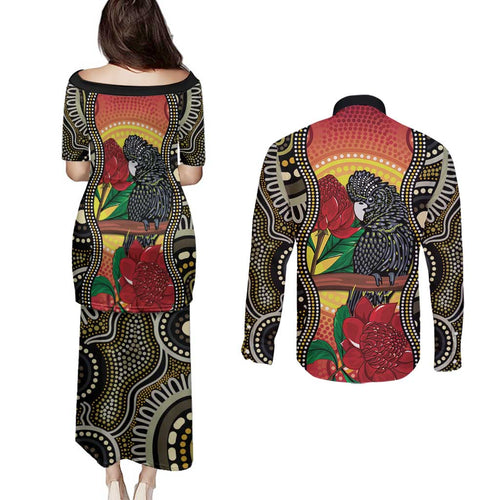 Waratah And Banksian Cockatoo Couples Matching Puletasi and Long Sleeve Button Shirt Aboriginal Art