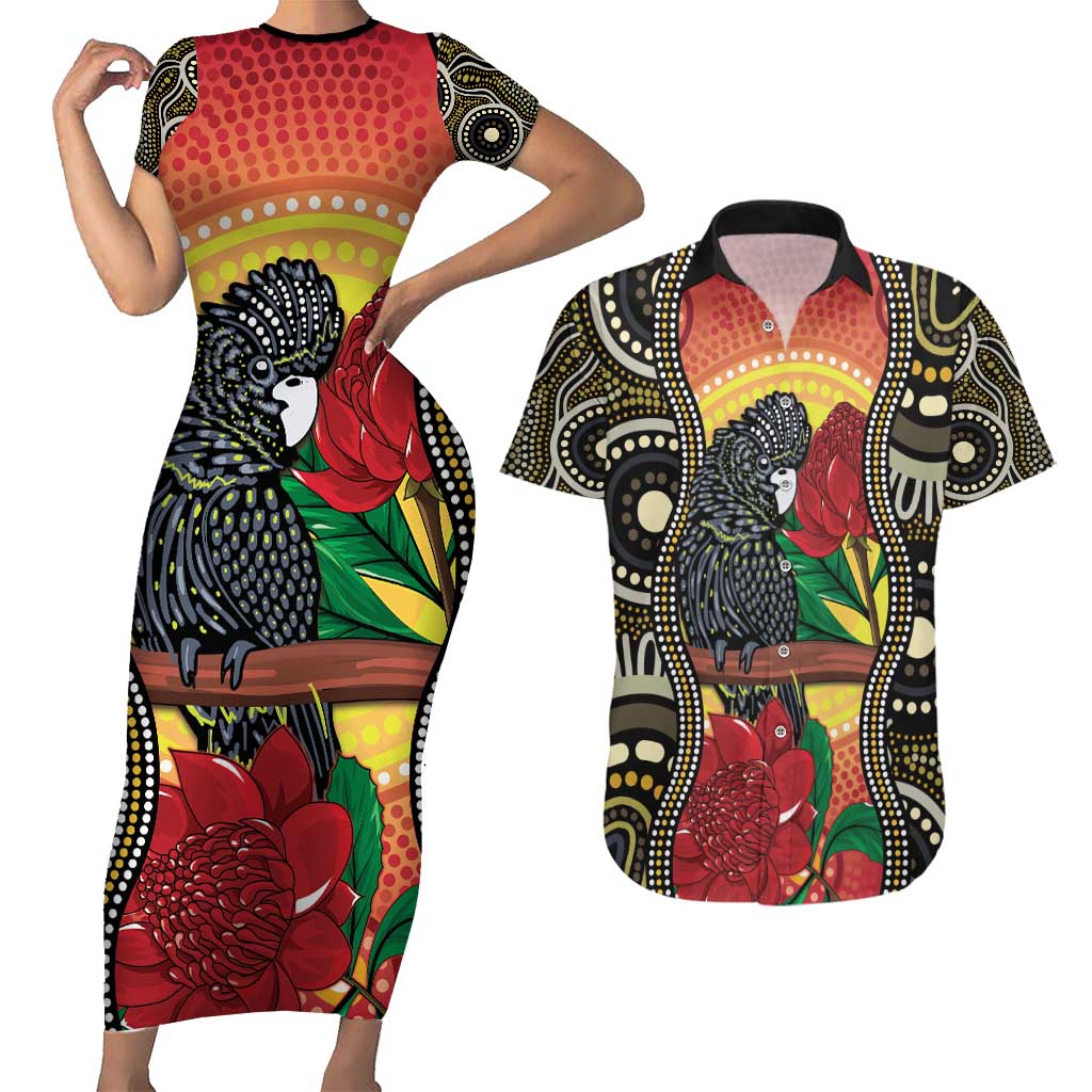 Waratah And Banksian Cockatoo Couples Matching Short Sleeve Bodycon Dress and Hawaiian Shirt Aboriginal Art