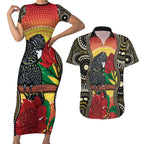 Waratah And Banksian Cockatoo Couples Matching Short Sleeve Bodycon Dress and Hawaiian Shirt Aboriginal Art