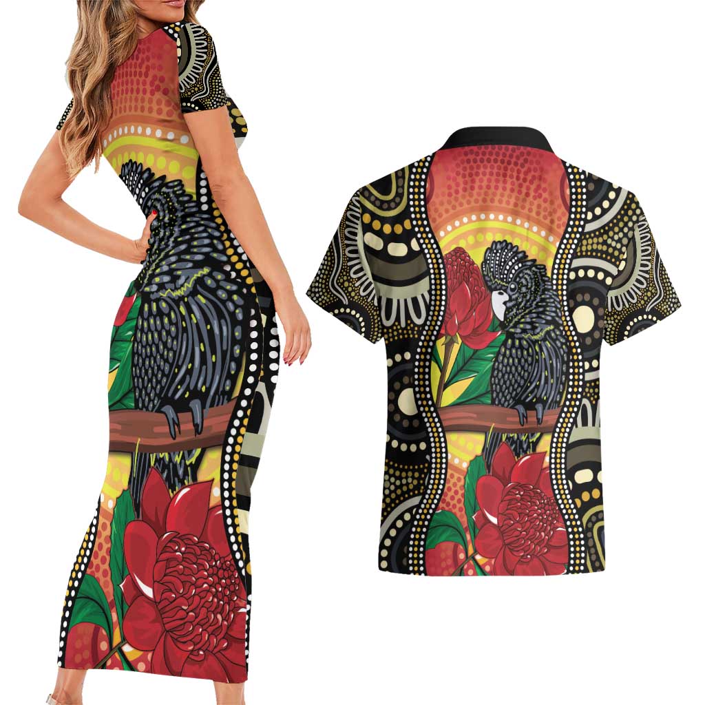 Waratah And Banksian Cockatoo Couples Matching Short Sleeve Bodycon Dress and Hawaiian Shirt Aboriginal Art