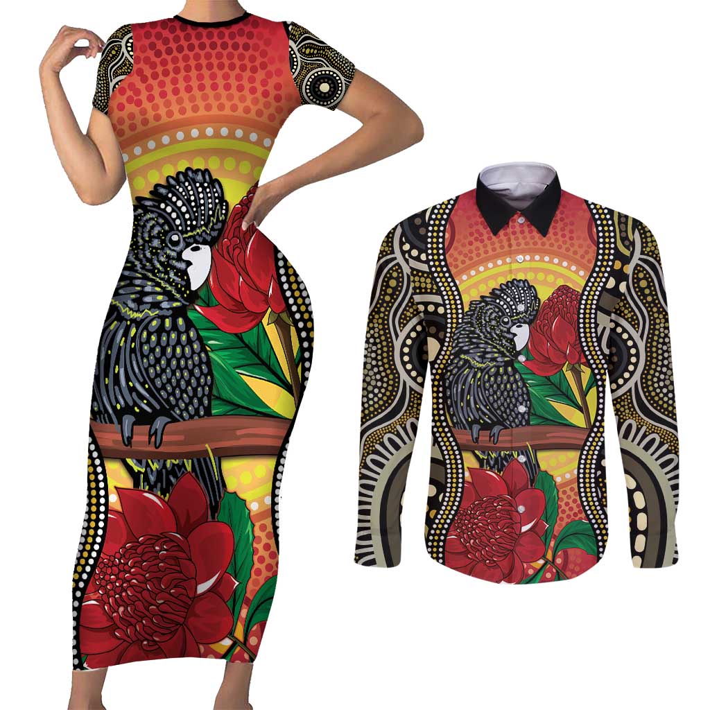 Waratah And Banksian Cockatoo Couples Matching Short Sleeve Bodycon Dress and Long Sleeve Button Shirt Aboriginal Art