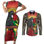 Waratah And Banksian Cockatoo Couples Matching Short Sleeve Bodycon Dress and Long Sleeve Button Shirt Aboriginal Art