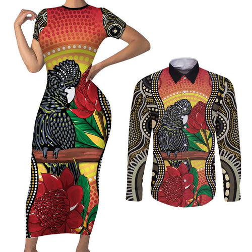 Waratah And Banksian Cockatoo Couples Matching Short Sleeve Bodycon Dress and Long Sleeve Button Shirt Aboriginal Art