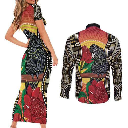Waratah And Banksian Cockatoo Couples Matching Short Sleeve Bodycon Dress and Long Sleeve Button Shirt Aboriginal Art