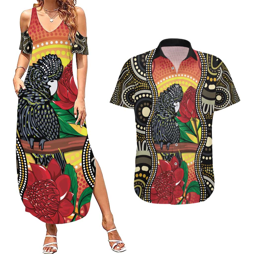Waratah And Banksian Cockatoo Couples Matching Summer Maxi Dress and Hawaiian Shirt Aboriginal Art