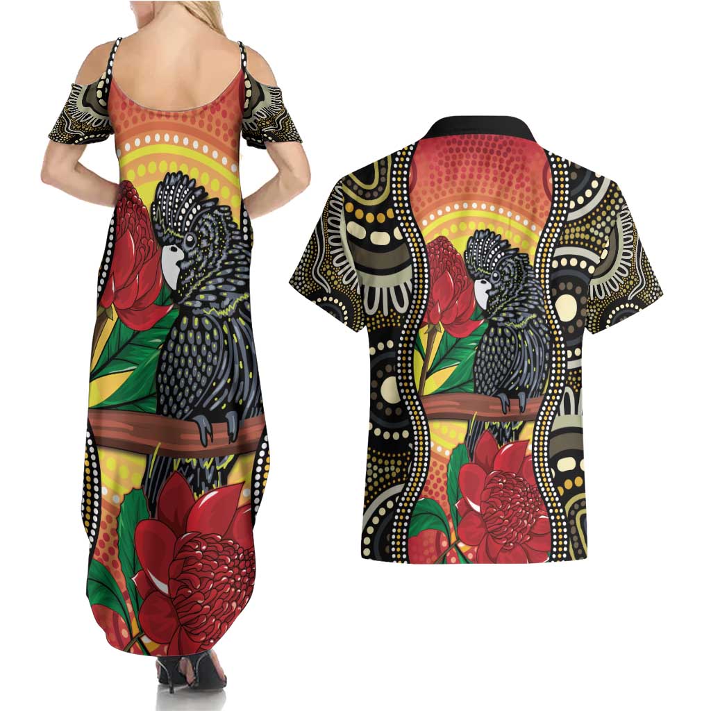 Waratah And Banksian Cockatoo Couples Matching Summer Maxi Dress and Hawaiian Shirt Aboriginal Art