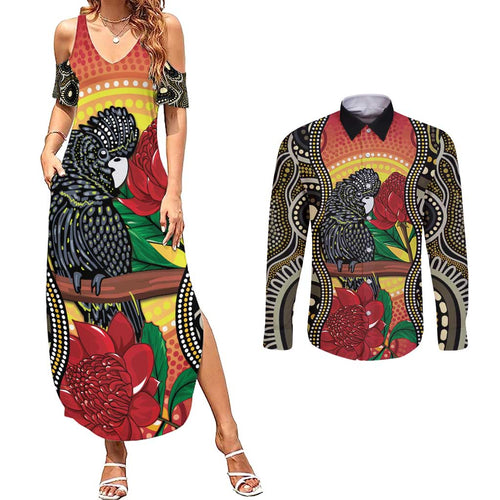 Waratah And Banksian Cockatoo Couples Matching Summer Maxi Dress and Long Sleeve Button Shirt Aboriginal Art
