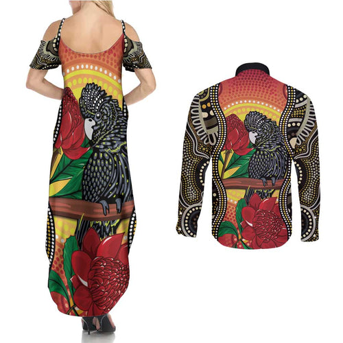 Waratah And Banksian Cockatoo Couples Matching Summer Maxi Dress and Long Sleeve Button Shirt Aboriginal Art
