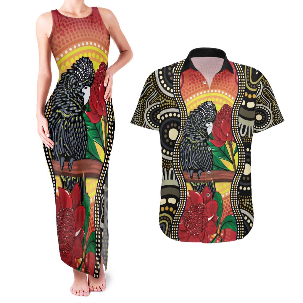 Waratah And Banksian Cockatoo Couples Matching Tank Maxi Dress and Hawaiian Shirt Aboriginal Art