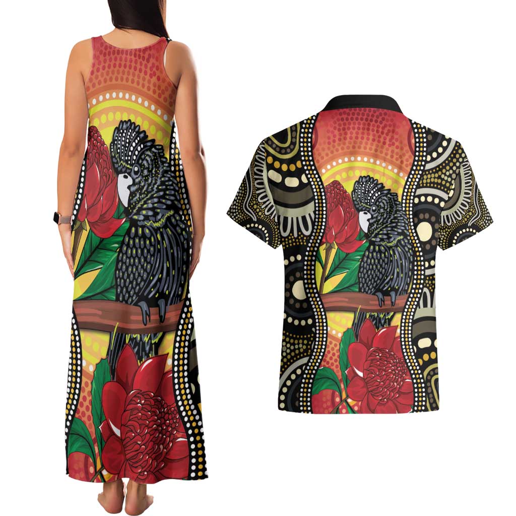 Waratah And Banksian Cockatoo Couples Matching Tank Maxi Dress and Hawaiian Shirt Aboriginal Art
