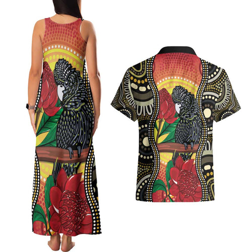 Waratah And Banksian Cockatoo Couples Matching Tank Maxi Dress and Hawaiian Shirt Aboriginal Art