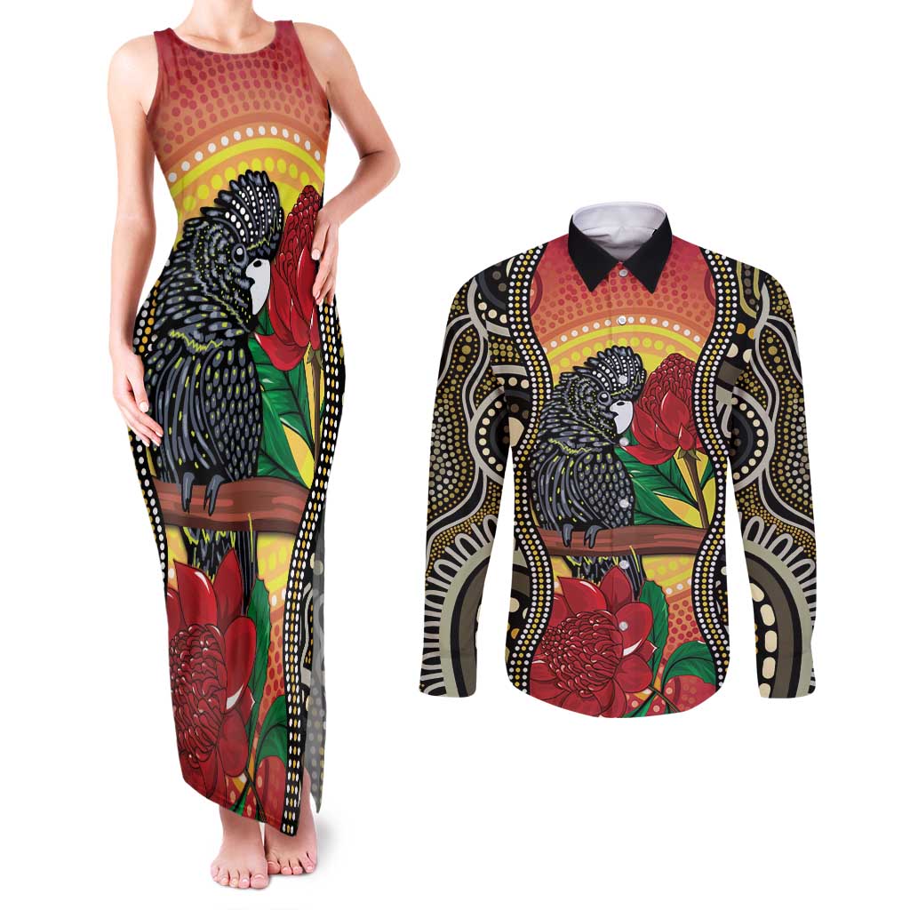 Waratah And Banksian Cockatoo Couples Matching Tank Maxi Dress and Long Sleeve Button Shirt Aboriginal Art