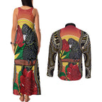 Waratah And Banksian Cockatoo Couples Matching Tank Maxi Dress and Long Sleeve Button Shirt Aboriginal Art